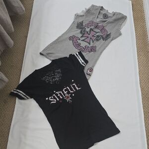 Bundle Of 2Afliction Cross And Sinful Black and Gray  T-Shirts One Xs, Other M